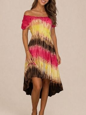 Vtg PINK CATTLELAC Ombre Tie Dye Off Shoulder Hi-Low Peasant Festival Dress